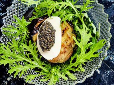 Recipe for Prunier Oscietra caviar, creamy burrata and roast aubergine